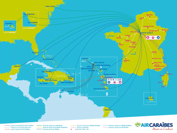 Carte des destinations proposées par Air Caraïbes au départ d'Orly